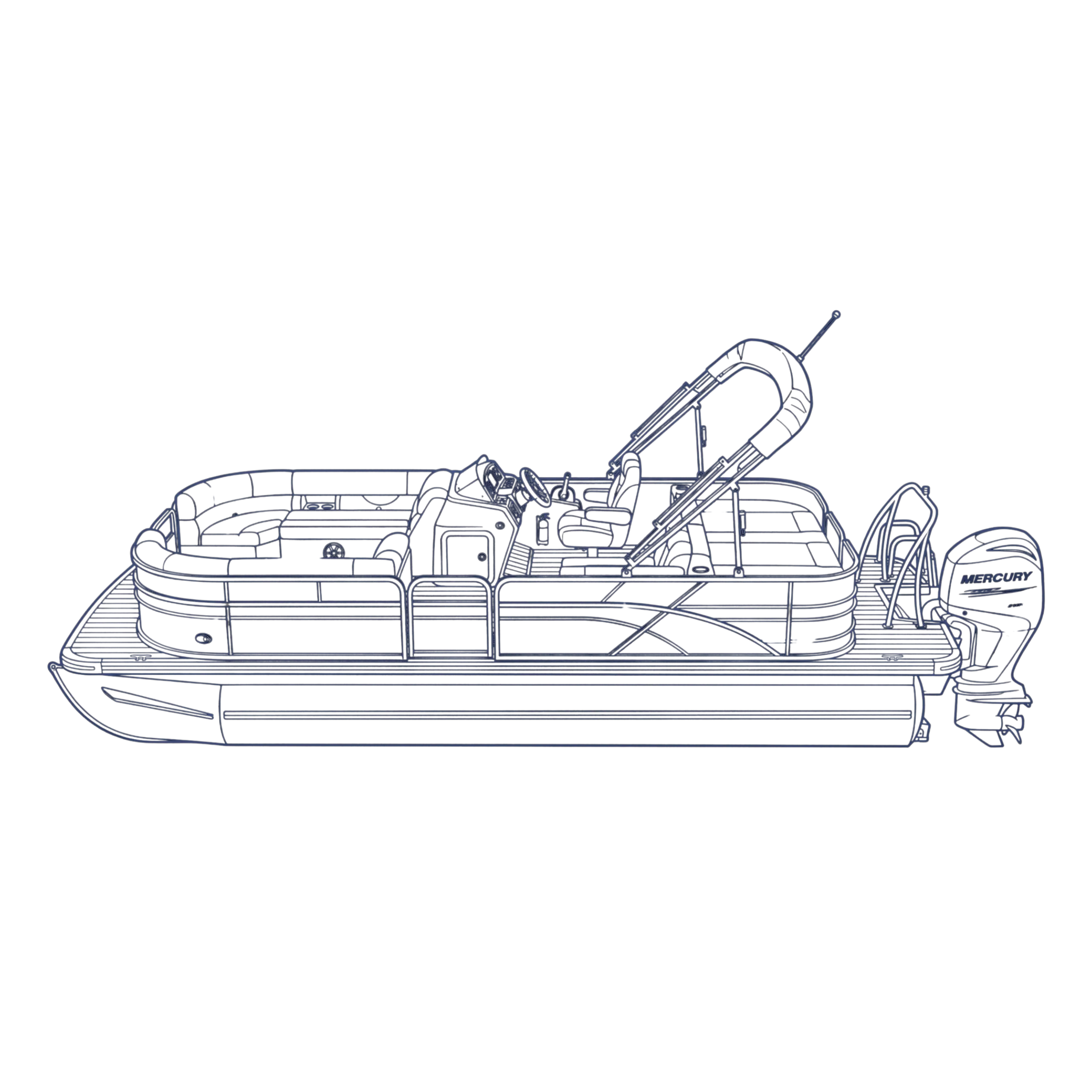 A navy outline of a pontoon boat