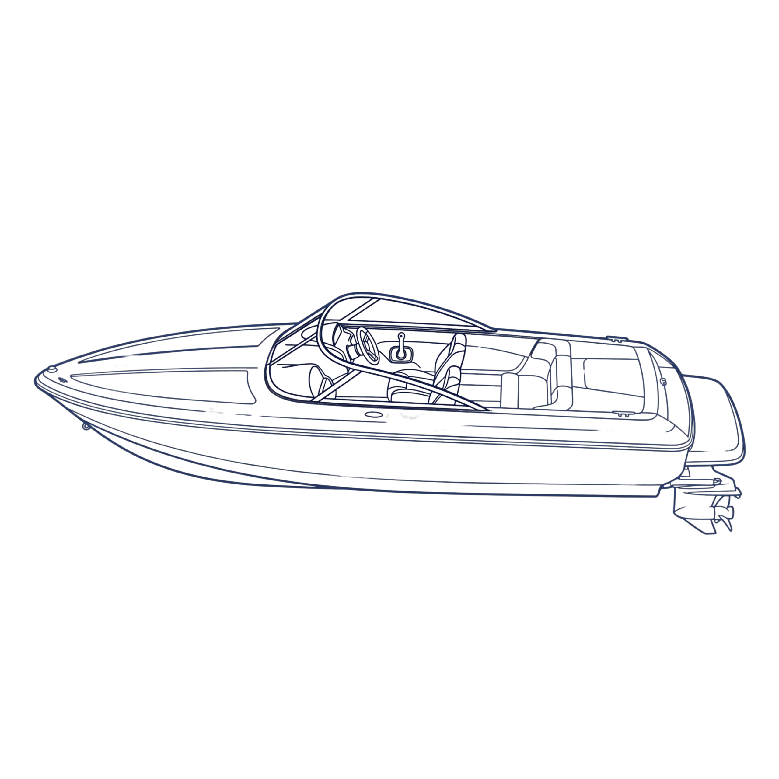 A navy outline of a runabout boat