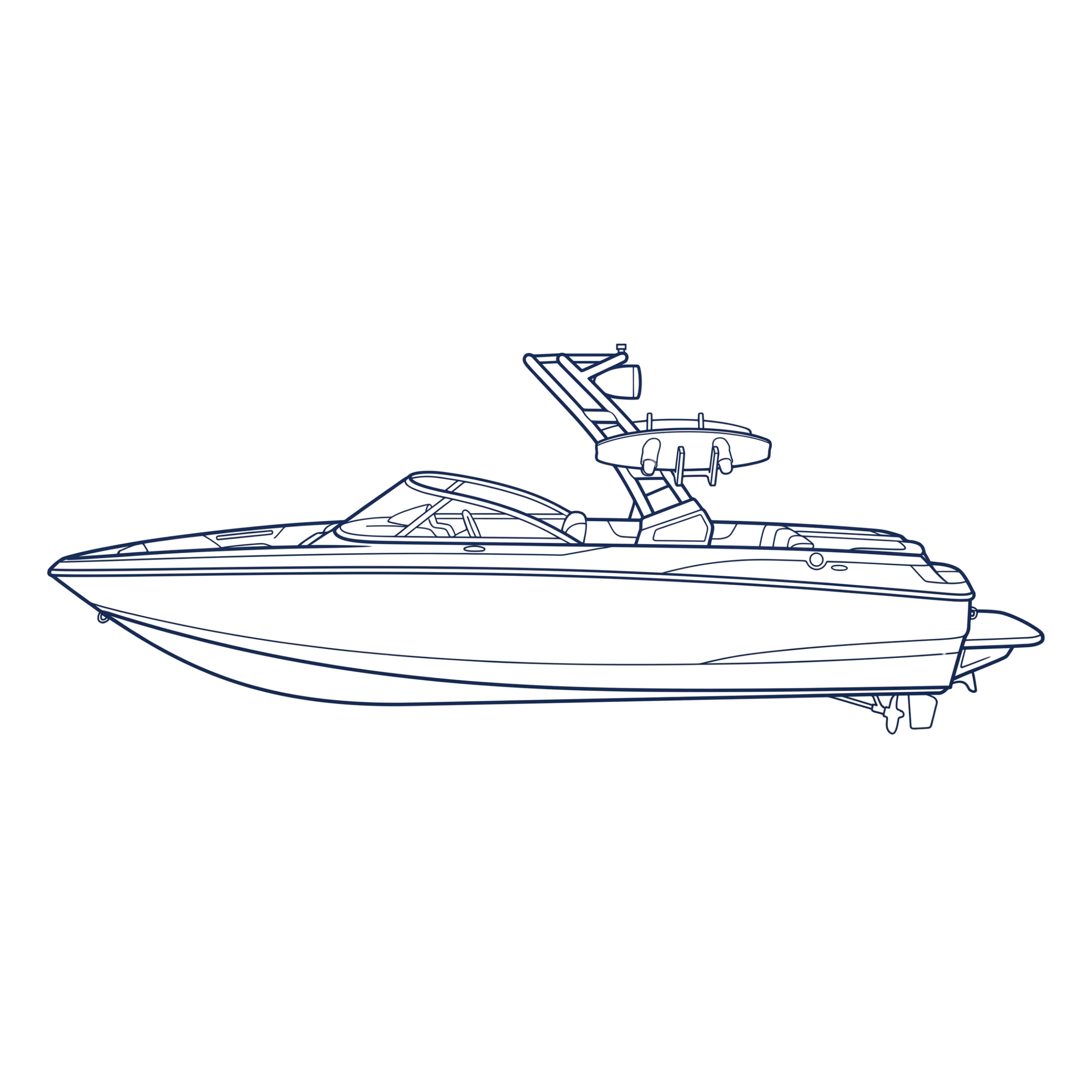 A navy outline of a wake boat
