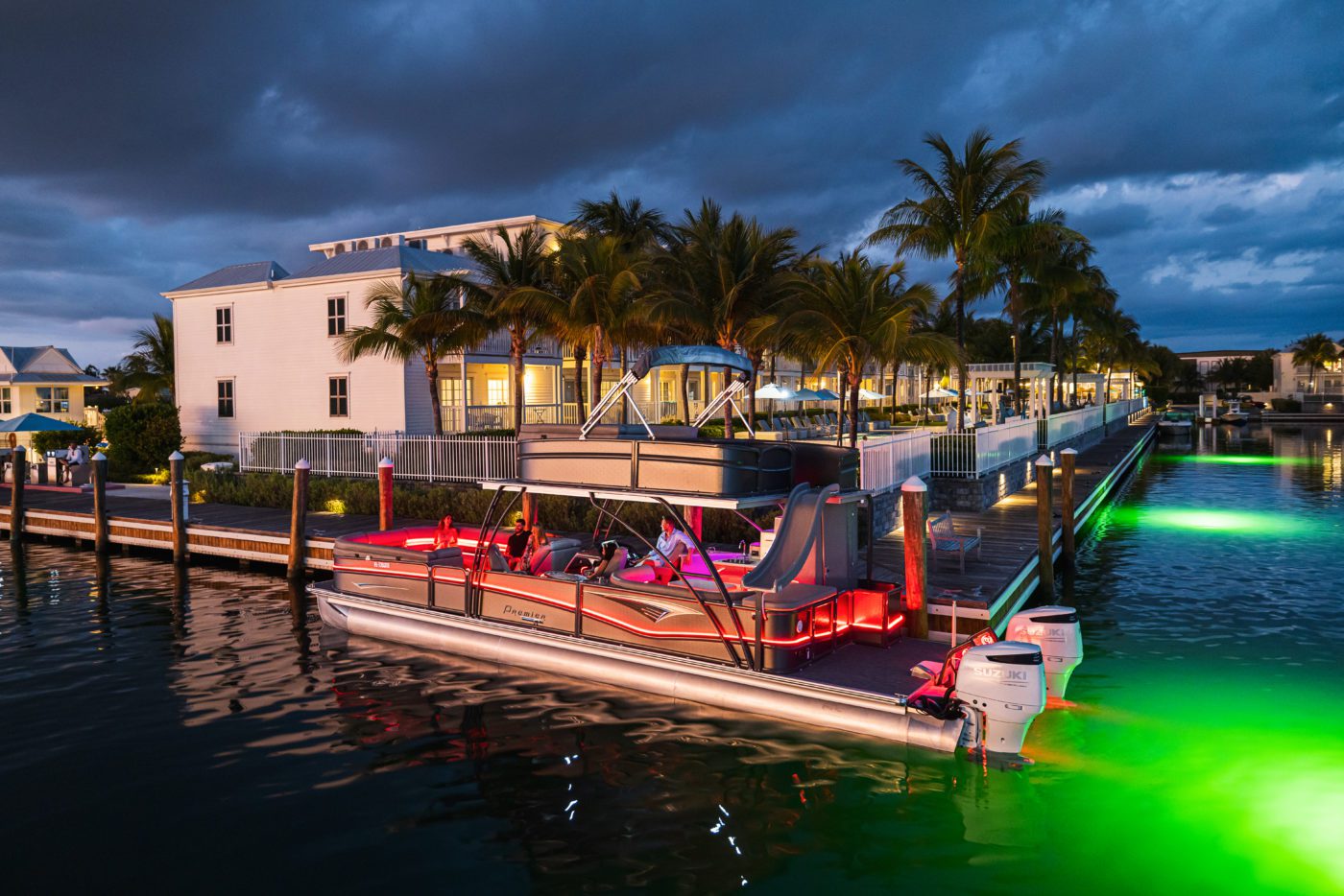 Premier pontoon docked at the beach.