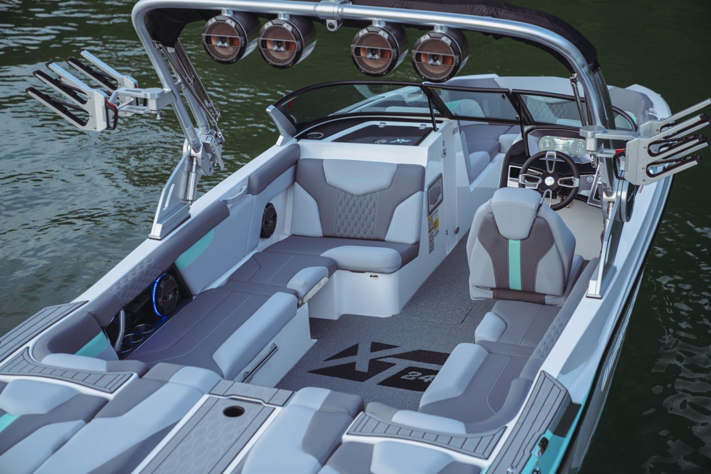 An empty boat showing the specs of a 2023 MasterCraft XT24
