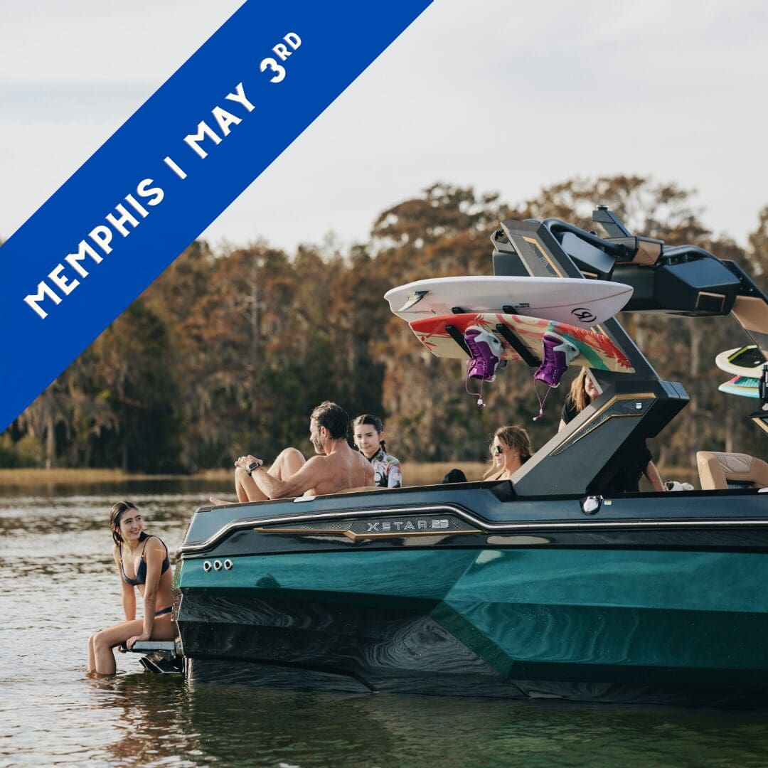 An image showing friends sit on the transom of a 2025 MasterCraft XStar23
