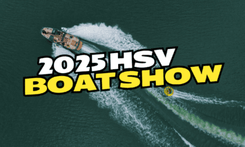 A MasterCraft pulling a tuber on the lake with a boat show graphic.