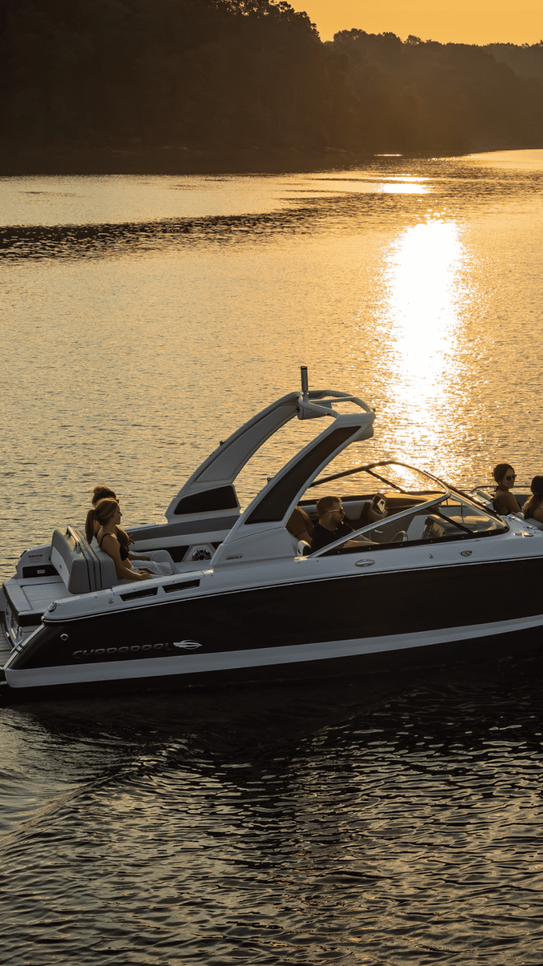 A family watches sunset from a cruising boat