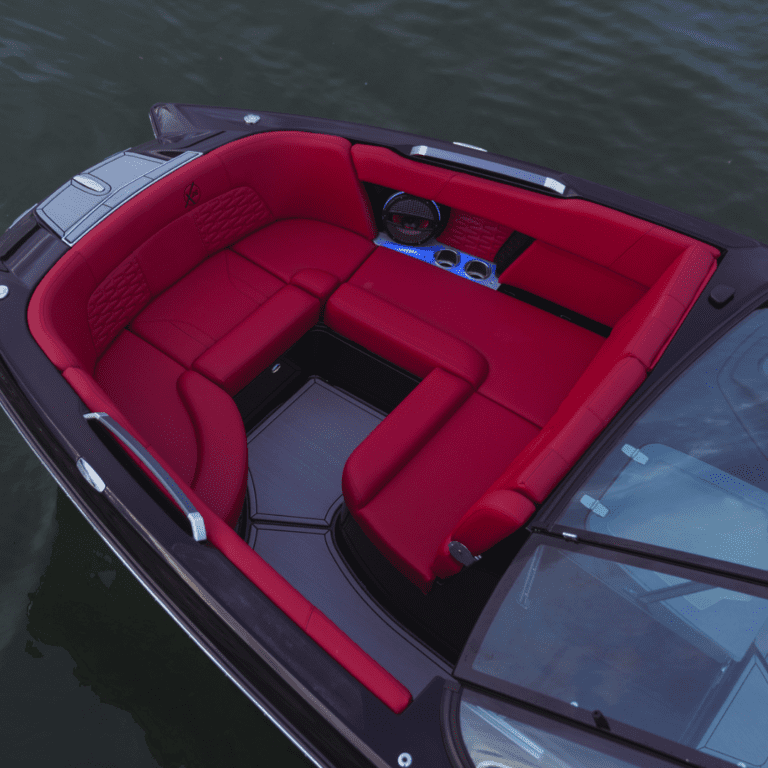 The bow sitting area in a wake boat