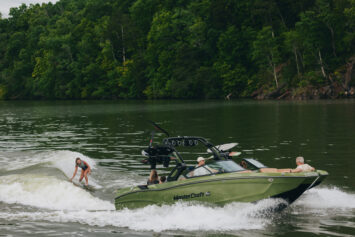 A new 2025 MasterCraft XT24 showing off the surfstar surfing system