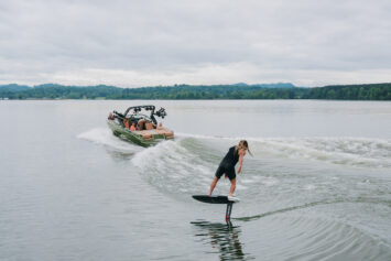 A pro foils behind a MasterCraft wake boat