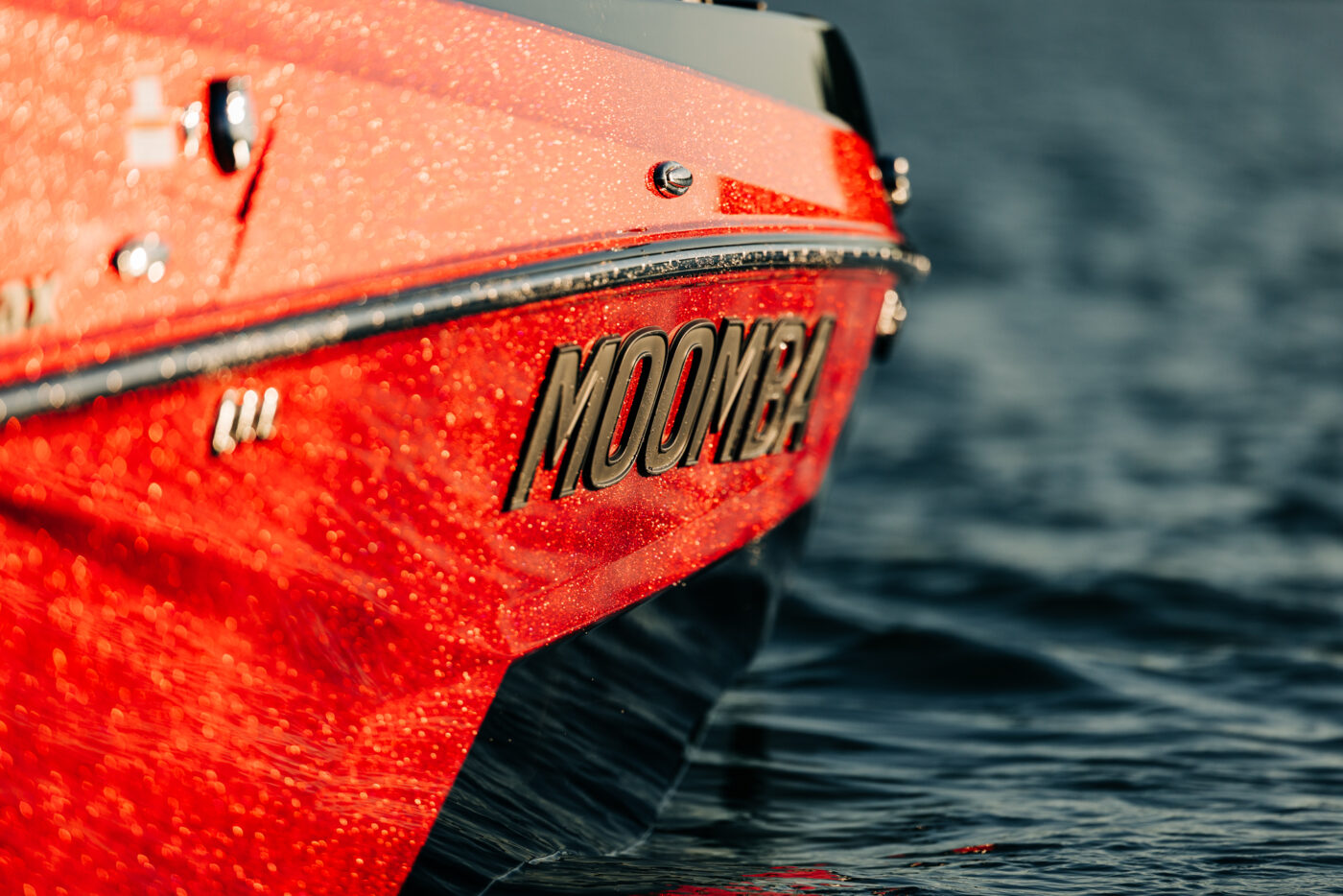 Close up shot of the Moomba logo on a new wake boat