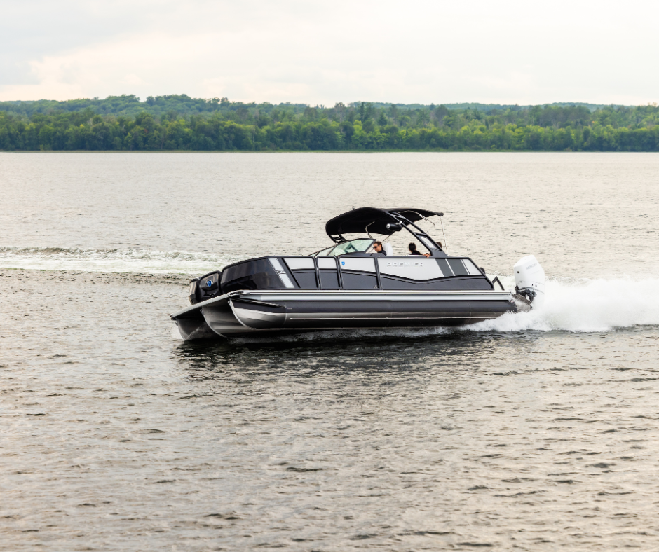 A side view of a Premier Pontoon on its side thanks to its PTX technology.