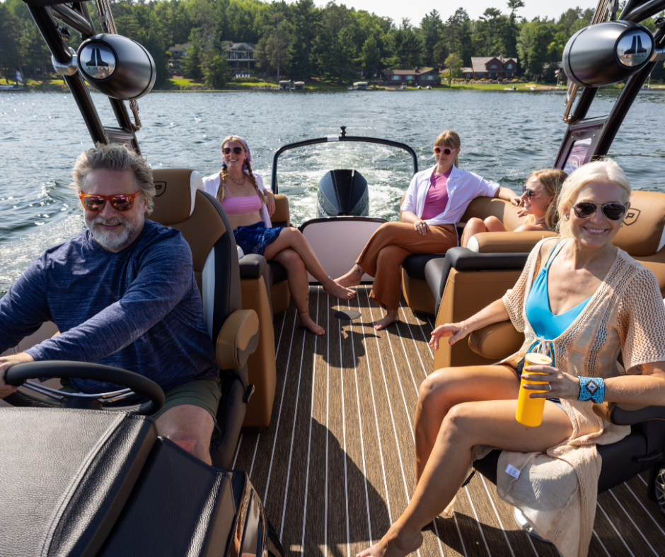 A group of family members and friends on a Premier Pontoon.