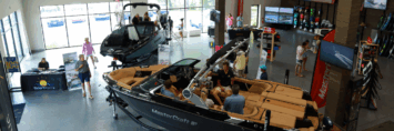 Wake boats in a showroom in Gainesville, Georgia.
