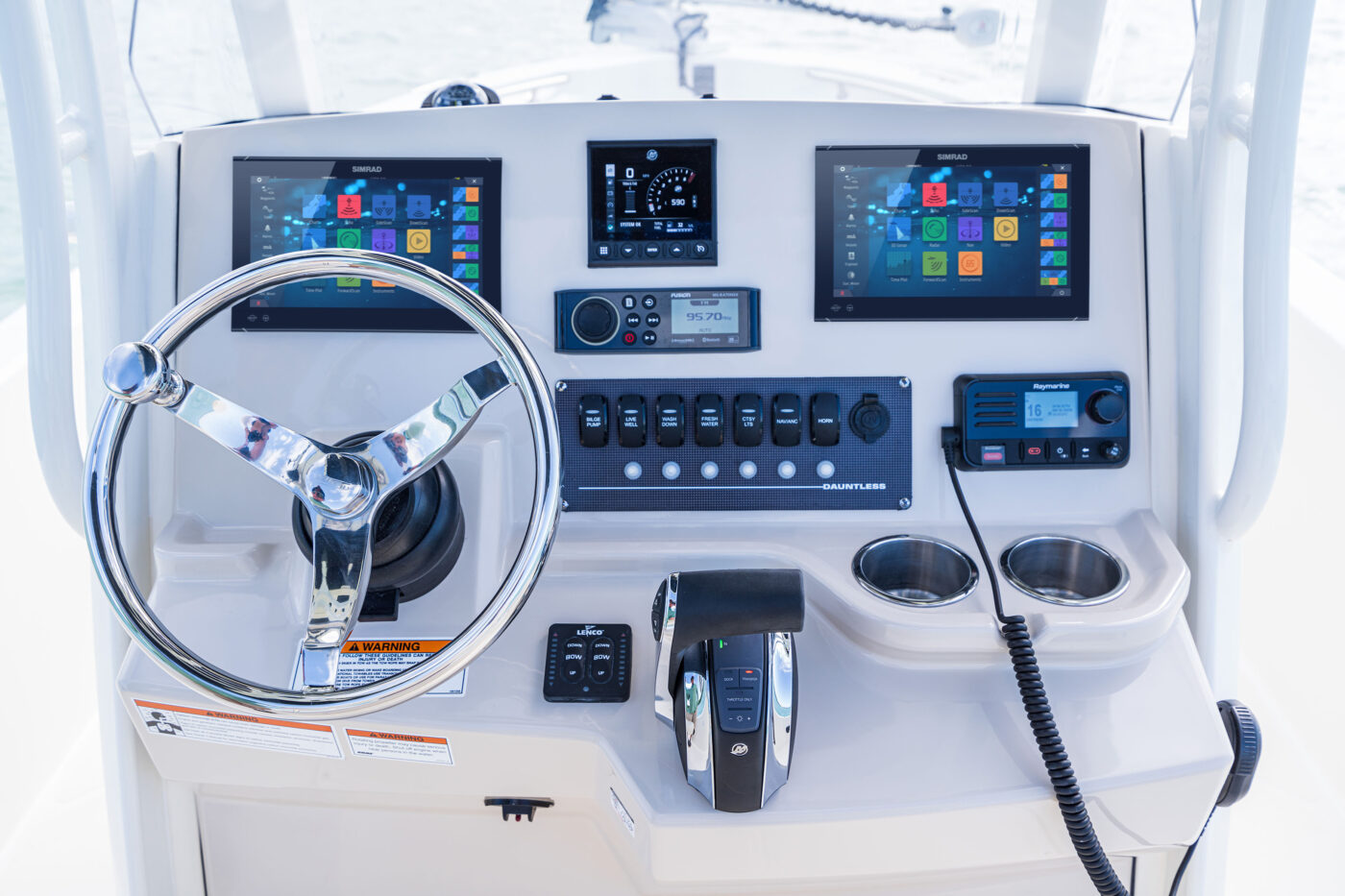 A POV photo that shows the dash of the Boston Whaler 220 Dauntless