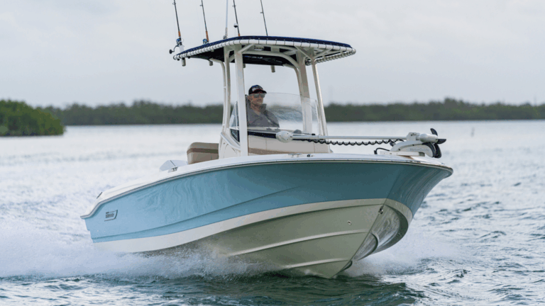 A 2026 Boston Whaler 220 Dauntless riding across the lake.